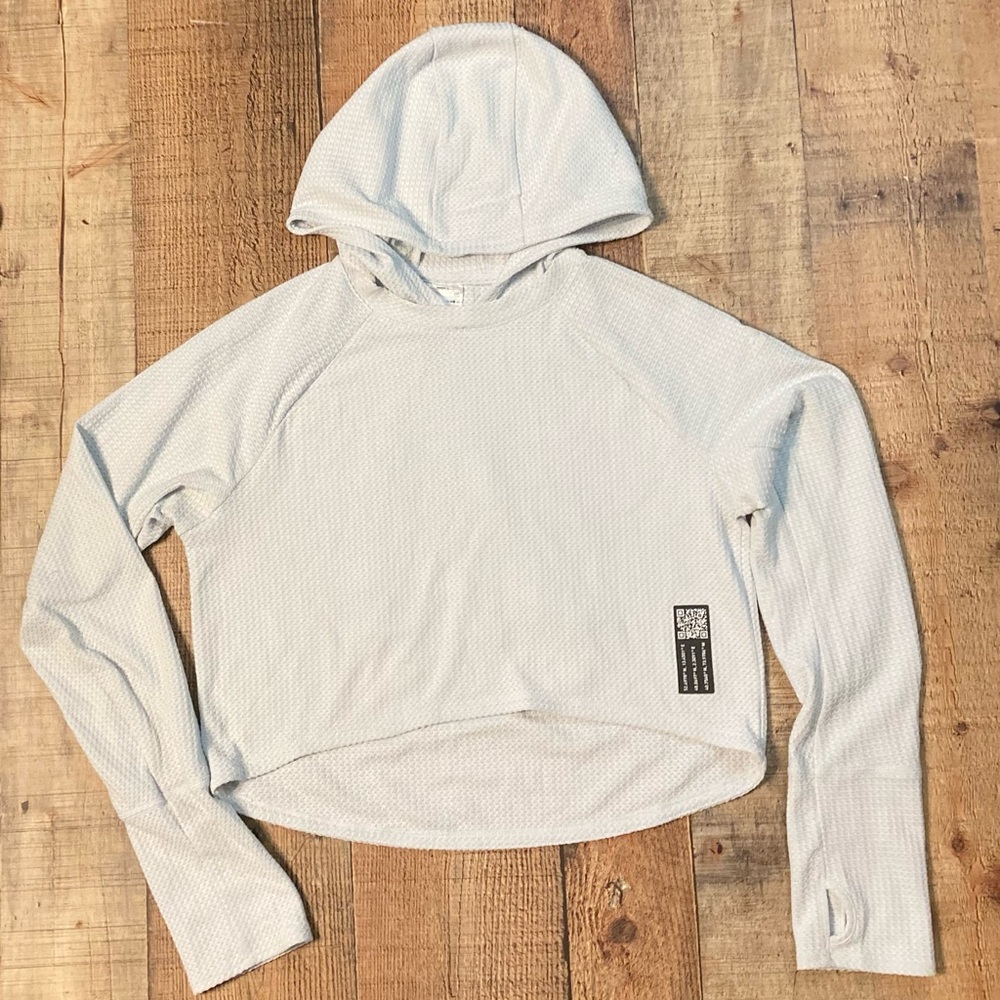 Adidas Women Light‎ Blue Waffle Knit Cropped Hoodie Thumbhole XS Pullover
